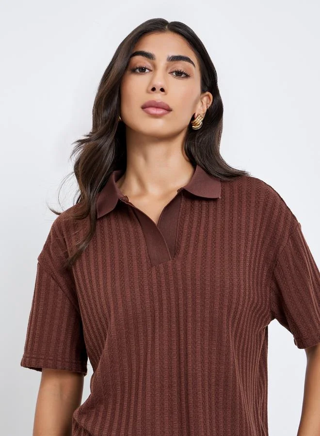 Styli Styli Brown Textured Knit Polo T-Shirt