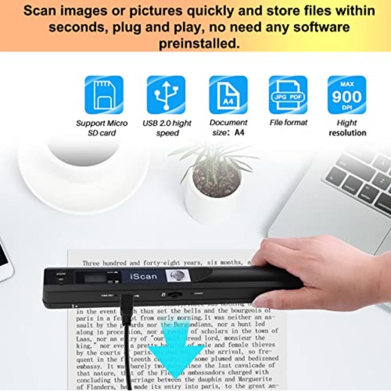 Portable Handheld Scanner Included 16G SD Card, Wand Scanner for A4 Documents Pictures Pages Texts Receipts Books Up to 900DPI, JPG/PDF Format Selection, Uploads Via USB Cable, No Driver - Image 2