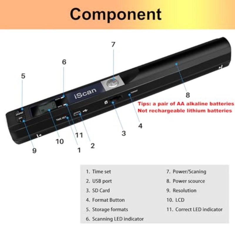 Portable Handheld Scanner Included 16G SD Card, Wand Scanner for A4 Documents Pictures Pages Texts Receipts Books Up to 900DPI, JPG/PDF Format Selection, Uploads Via USB Cable, No Driver - Image 3