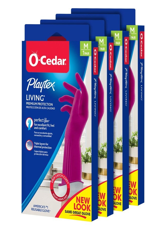 بلاي تكس قفازات O-Cedar Playtex Gloves Living المطاطية القابلة لإعادة الاستخدام للتنظيف، حماية فائقة، مقاس متوسط (زوج واحد) - عبوة من 4 قطع - Image 1