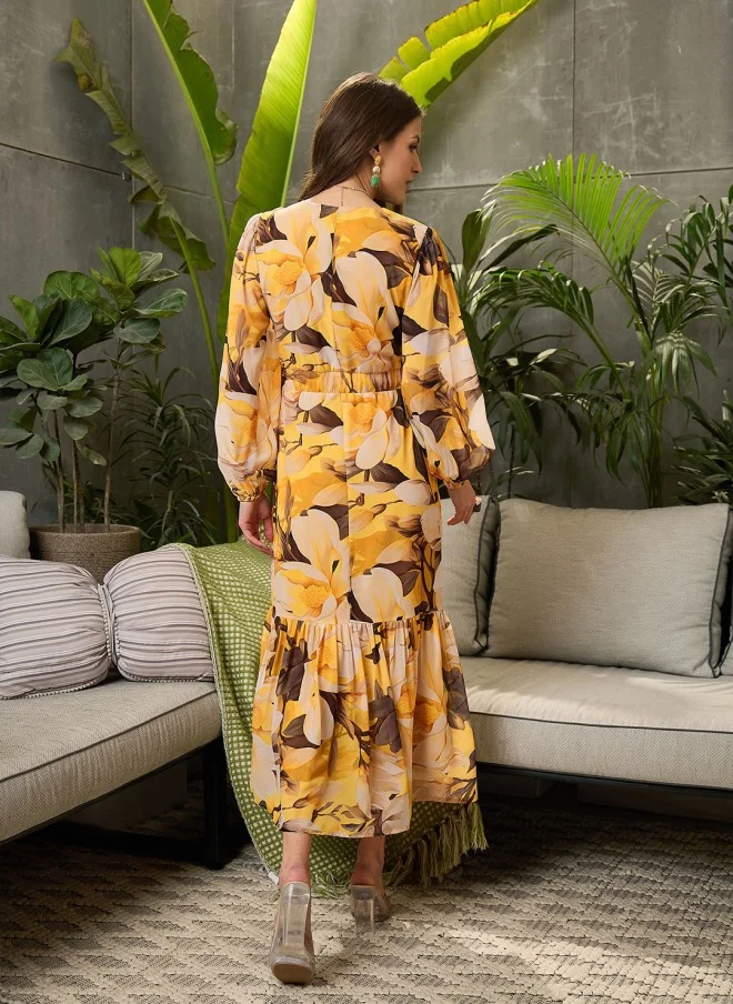 SASSAFRAS Floral Print Georgette Midi Dress for Women