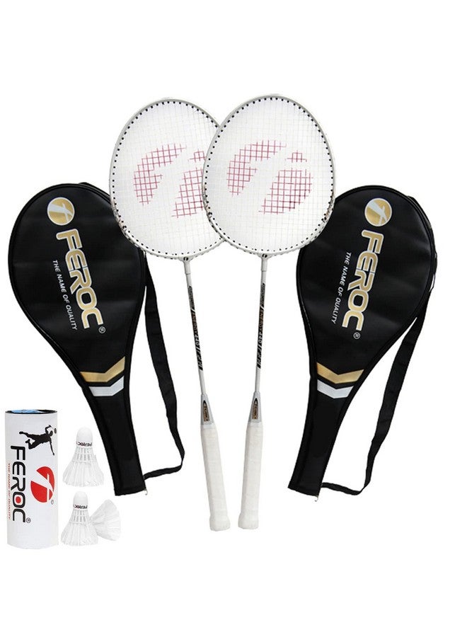 Feroc Energy 440 Aluminum Set of 2 Badminton Racket with 3 Pieces Feather shuttles with 2 Cover (White) - Image 1
