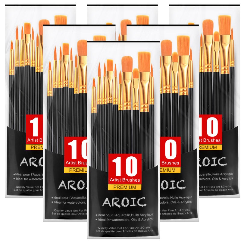 AROIC Acrylic Paint Brushes 6 Packs  60 pcs Nylon Hair Paint Brush Set for All Purpose Oil Watercolor Painting Artist Professional Kits Black