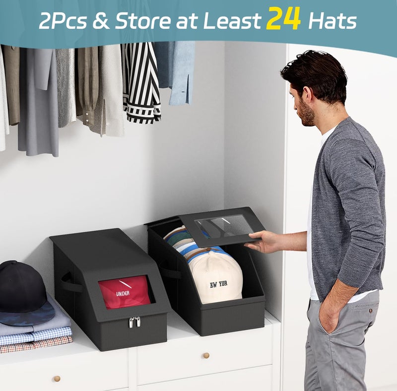 AOODA 2 PCS Stackable Hat Storage for Baseball Caps, Holds up to 24 Caps Hat Organizer for Closet, Sturdy Snapback Boxes for Men with Cardboard (Pure Black) - Image 2