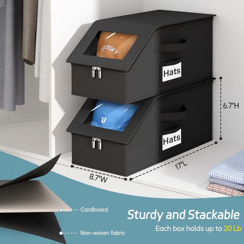 AOODA 2 PCS Stackable Hat Storage for Baseball Caps, Holds up to 24 Caps Hat Organizer for Closet, Sturdy Snapback Boxes for Men with Cardboard (Pure Black) - Image 3