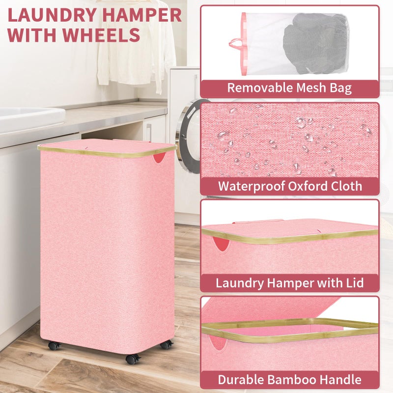conglow Pink Hamper with Wheels - 100L Large Laundry Hamper with Lid, Rolling Hamper on Wheels, Collapsible Laundry Basket with Removable Mesh Bag and Bamboo Handle for Easy Carrying - Image 4