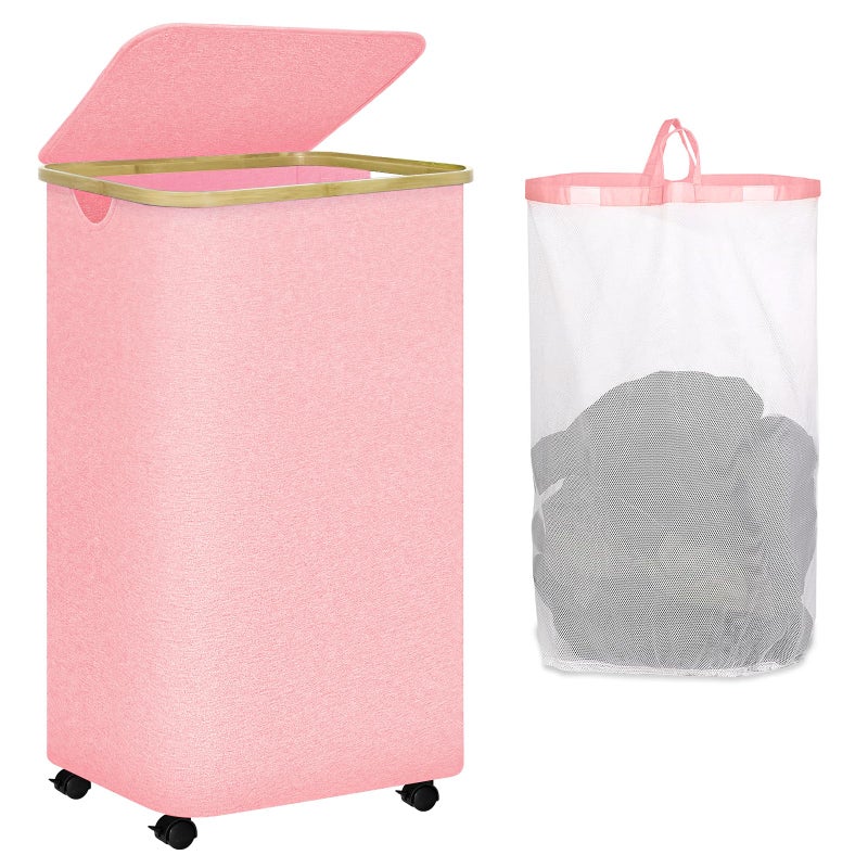 conglow Pink Hamper with Wheels - 100L Large Laundry Hamper with Lid, Rolling Hamper on Wheels, Collapsible Laundry Basket with Removable Mesh Bag and Bamboo Handle for Easy Carrying - Image 1