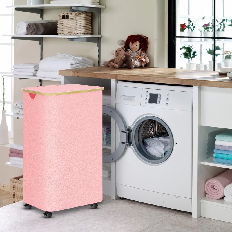 conglow Pink Hamper with Wheels - 100L Large Laundry Hamper with Lid, Rolling Hamper on Wheels, Collapsible Laundry Basket with Removable Mesh Bag and Bamboo Handle for Easy Carrying - Image 5