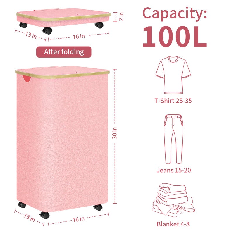 conglow Pink Hamper with Wheels - 100L Large Laundry Hamper with Lid, Rolling Hamper on Wheels, Collapsible Laundry Basket with Removable Mesh Bag and Bamboo Handle for Easy Carrying - Image 2
