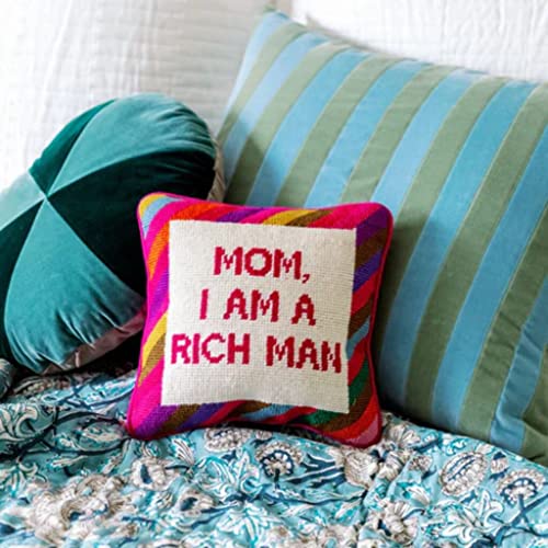 FURBISH Needlepoint Decorative Throw Pillow - Mom I Am a Rich Man - 10" x 10" - Small Embroidered Accent Pillow for Bed, Chair, Couch, Sofa - Eclectic Home Decor - Image 3