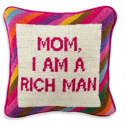 FURBISH Needlepoint Decorative Throw Pillow - Mom I Am a Rich Man - 10" x 10" - Small Embroidered Accent Pillow for Bed, Chair, Couch, Sofa - Eclectic Home Decor - Image 1
