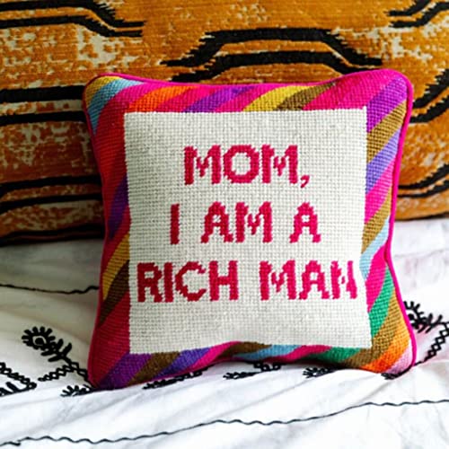 FURBISH Needlepoint Decorative Throw Pillow - Mom I Am a Rich Man - 10" x 10" - Small Embroidered Accent Pillow for Bed, Chair, Couch, Sofa - Eclectic Home Decor - Image 5