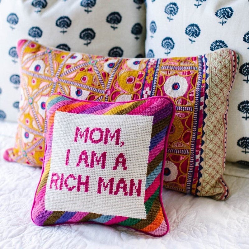 FURBISH Needlepoint Decorative Throw Pillow - Mom I Am a Rich Man - 10" x 10" - Small Embroidered Accent Pillow for Bed, Chair, Couch, Sofa - Eclectic Home Decor - Image 4