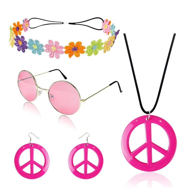 HyperFun Hippie Costume Set Includes Peace Sign Necklace and Earrings Flower Crown Headband and Colored Hippie Sunglasses - Image 2