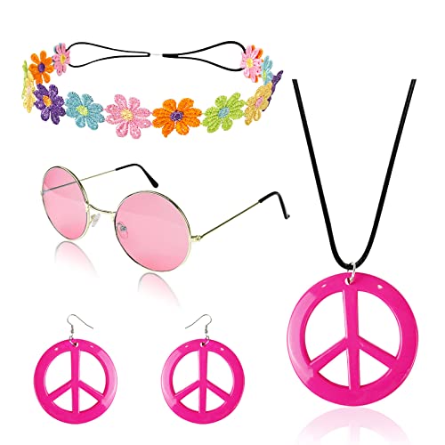 HyperFun Hippie Costume Set Includes Peace Sign Necklace and Earrings Flower Crown Headband and Colored Hippie Sunglasses - Image 1