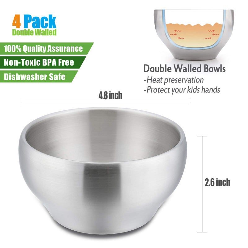 HaWare Heavy 18/8(304) Stainless Steel Bowls(Double Walled), 12 oz Kids Toddlers Feeding/Soup/Snacks Bowls, Unbreakable and Dishwasher Safe(4 Pack) - Image 2