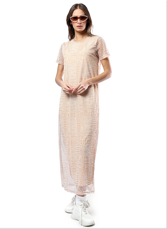 RAVIN - Wide Round Neck Patterned Camel & White Midi Dress - Image 1