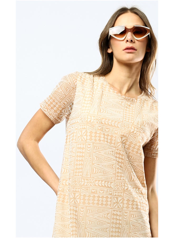 RAVIN - Wide Round Neck Patterned Camel & White Midi Dress - Image 1