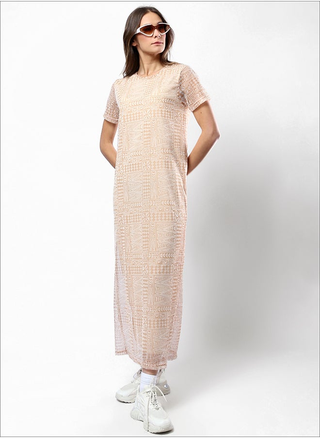 RAVIN - Wide Round Neck Patterned Camel & White Midi Dress - Image 1