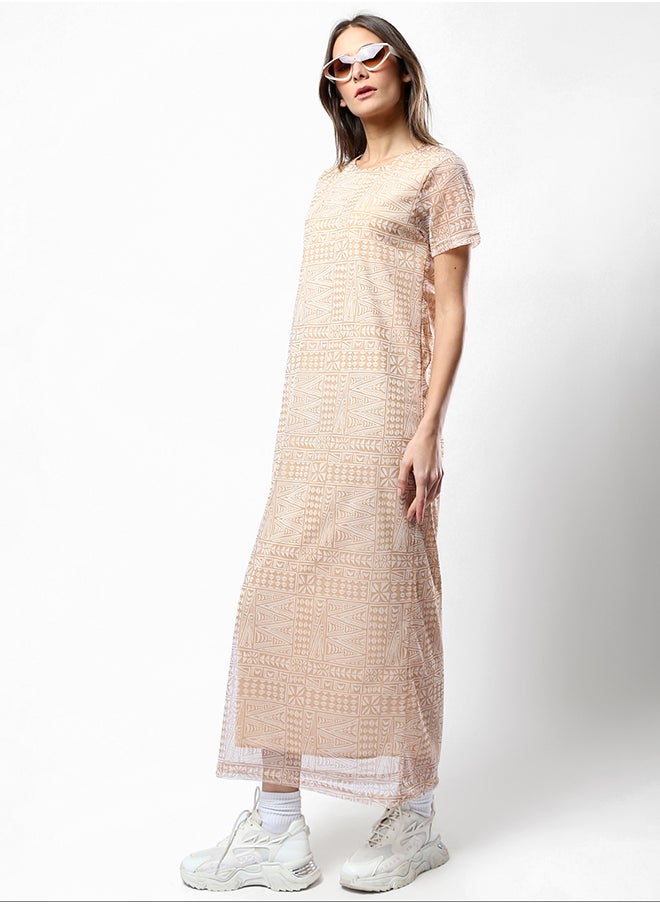 RAVIN - Wide Round Neck Patterned Camel & White Midi Dress - Image 1