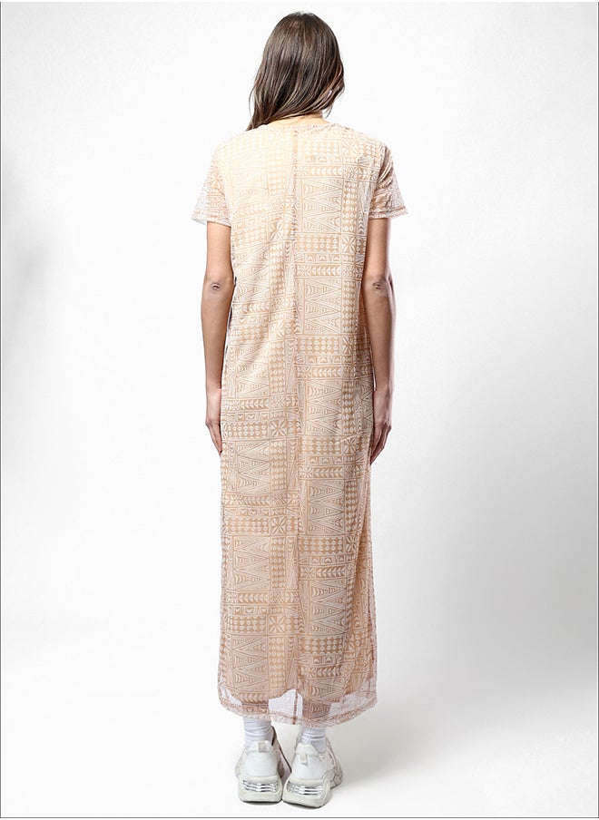RAVIN - Wide Round Neck Patterned Camel & White Midi Dress - Image 1