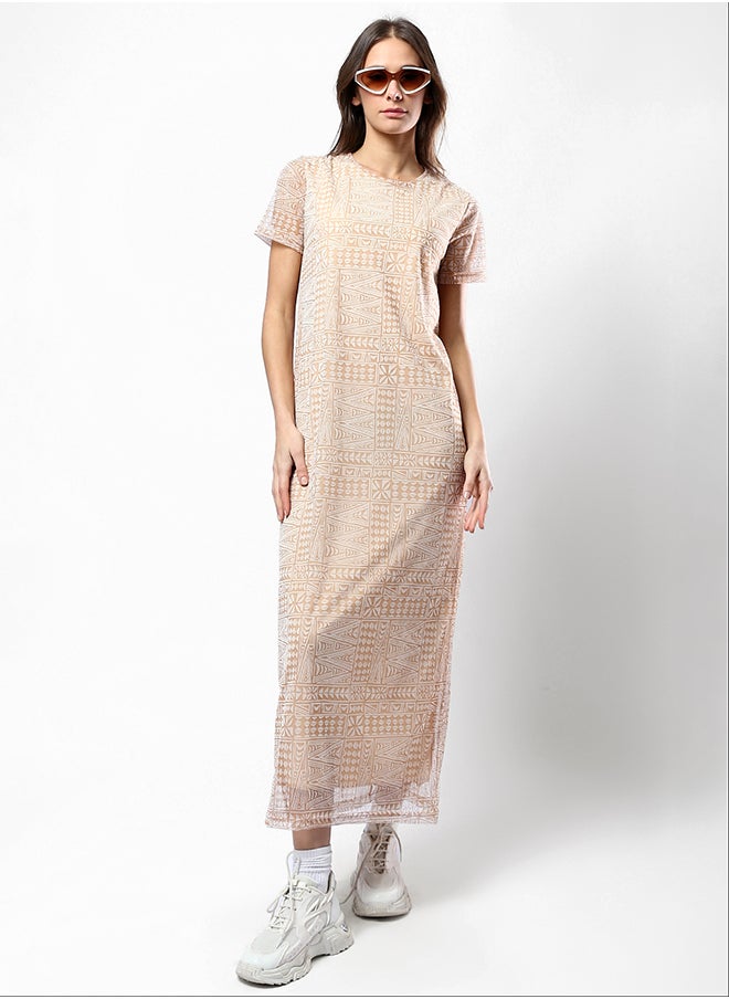 RAVIN - Wide Round Neck Patterned Camel & White Midi Dress - Image 1