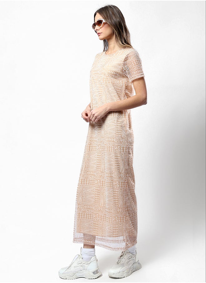 RAVIN - Wide Round Neck Patterned Camel & White Midi Dress - Image 1