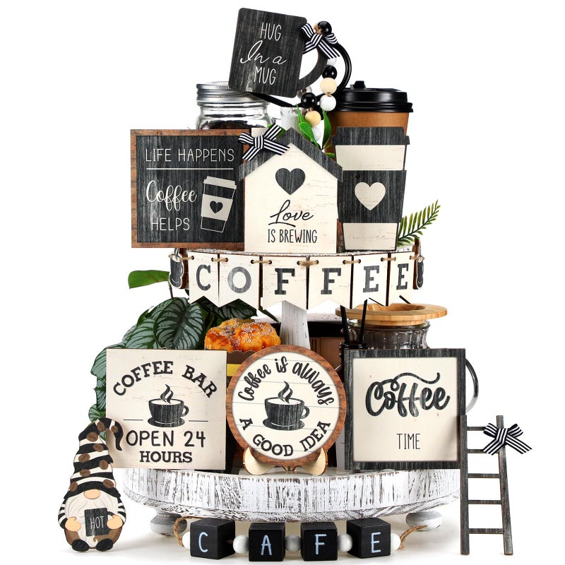 Mifoci 17 Pcs Coffee Tiered Tray Decorations Wooden Coffee Bar Decor Farmhouse Bar Accessories Gnome Wooden Table Sign for Table Kitchen Winter Valentines Gift - Image 2