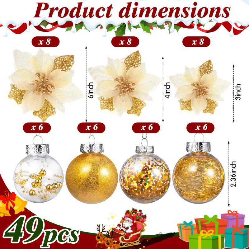Canlierr 49 Pcs Gold Christmas Tree Decoration Set Christmas Tree Topper Bow 24 Pcs Christmas Glitter Artificial Poinsettia Flowers and 2.36 Inch Xmas Ball Ornaments for Xmas Party Holiday Decor - Image 4