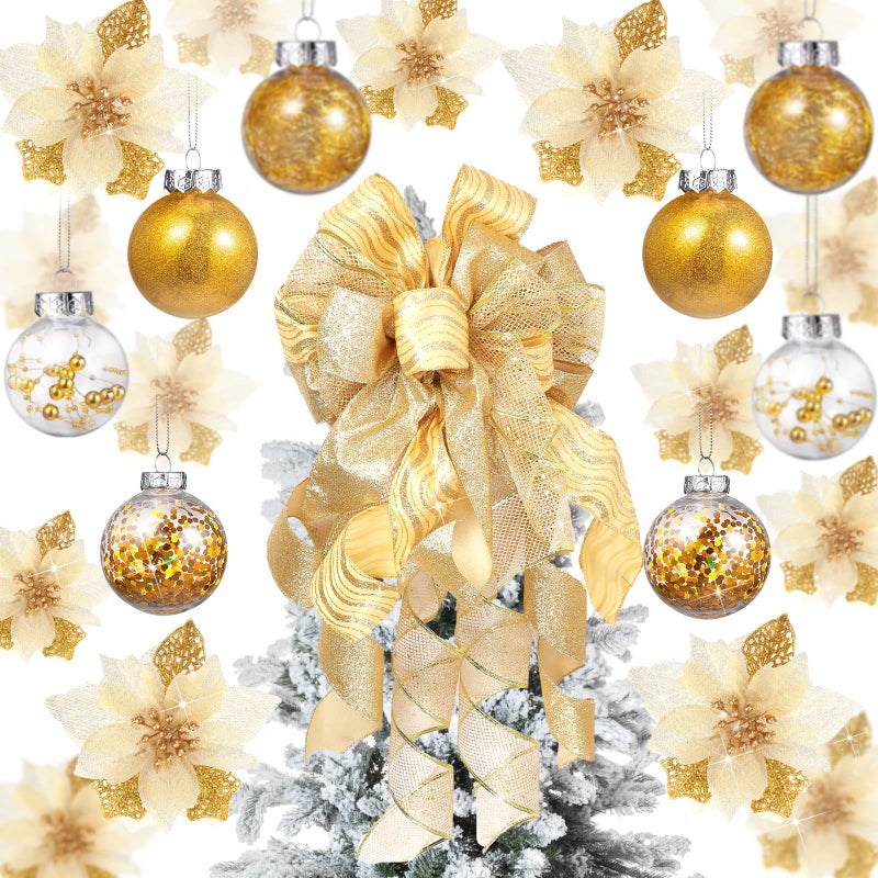 Canlierr 49 Pcs Gold Christmas Tree Decoration Set Christmas Tree Topper Bow 24 Pcs Christmas Glitter Artificial Poinsettia Flowers and 2.36 Inch Xmas Ball Ornaments for Xmas Party Holiday Decor - Image 2