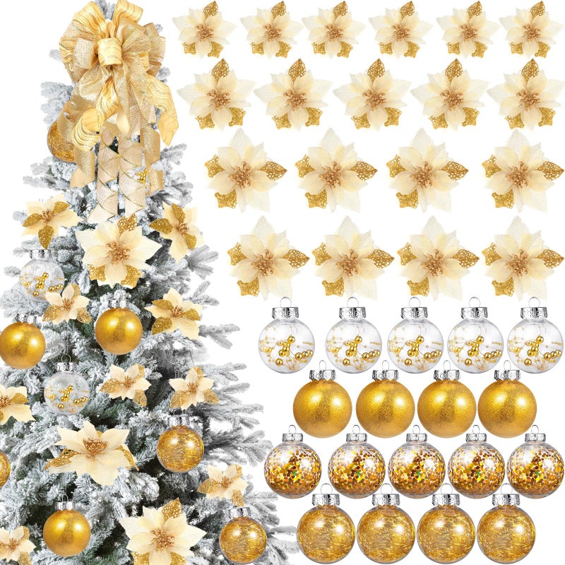 Canlierr 49 Pcs Gold Christmas Tree Decoration Set Christmas Tree Topper Bow 24 Pcs Christmas Glitter Artificial Poinsettia Flowers and 2.36 Inch Xmas Ball Ornaments for Xmas Party Holiday Decor - Image 1