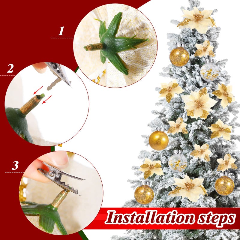 Canlierr 49 Pcs Gold Christmas Tree Decoration Set Christmas Tree Topper Bow 24 Pcs Christmas Glitter Artificial Poinsettia Flowers and 2.36 Inch Xmas Ball Ornaments for Xmas Party Holiday Decor - Image 5