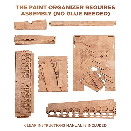 Plydolex Wooden Paint Organizer - 74 Holes Suitable for Vallejo, Citadel, Tamiya Paint Bottles - 14 Brushes Holes, 6 Minis Stands and 2 Drawers - Works for Warhammer, DnD and Other Miniatures - Image 3