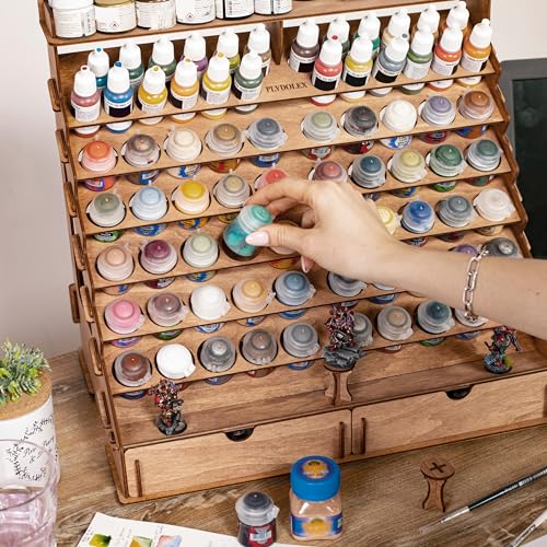 Plydolex Wooden Paint Organizer - 74 Holes Suitable for Vallejo, Citadel, Tamiya Paint Bottles - 14 Brushes Holes, 6 Minis Stands and 2 Drawers - Works for Warhammer, DnD and Other Miniatures - Image 5