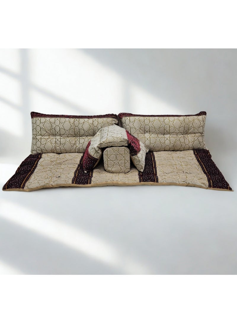 سمارت هوم جلسة أرضية تراثية عربية لشخصين 5 قطع بمقاس (طول 60 سم × عرض 190 سم × ارتفاع 60 سم) – مفروشات مجالس عربية مريحة مع مسند وظهر  – جلسة أرضية للمنزل، الضيوف، المخيمات والرحلات  - قماش تركي ممتاز - Image 1