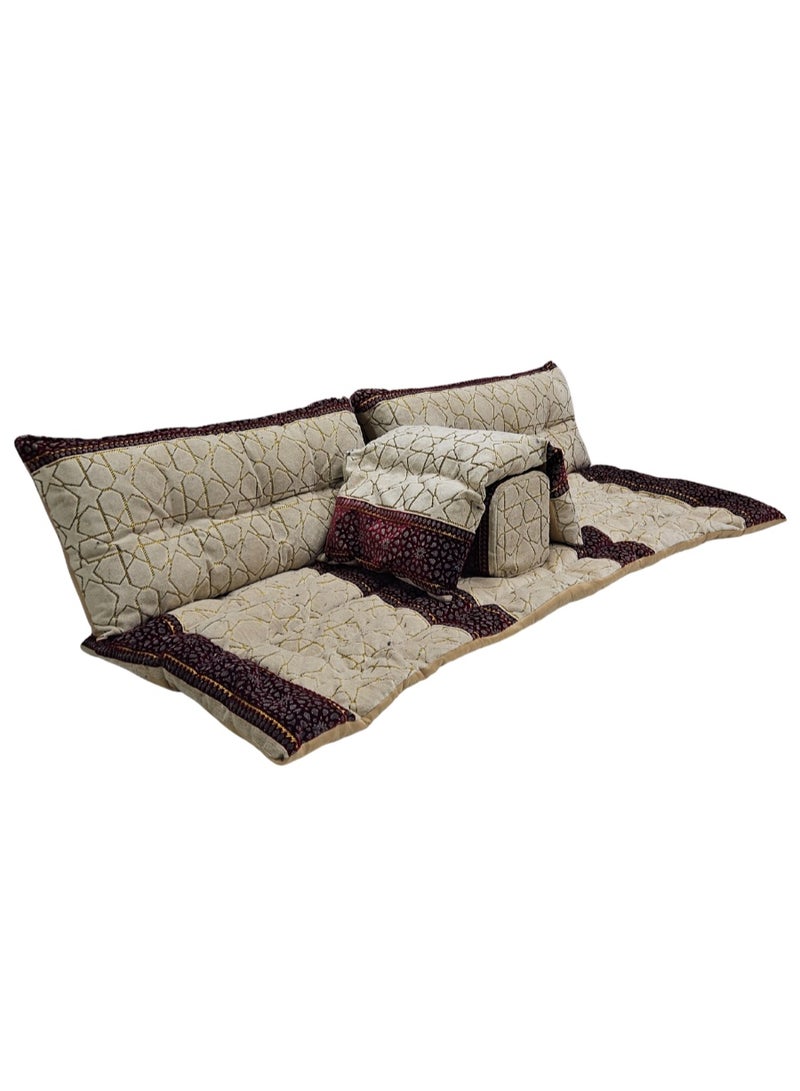سمارت هوم جلسة أرضية تراثية عربية لشخصين 5 قطع بمقاس (طول 60 سم × عرض 190 سم × ارتفاع 60 سم) – مفروشات مجالس عربية مريحة مع مسند وظهر  – جلسة أرضية للمنزل، الضيوف، المخيمات والرحلات  - قماش تركي ممتاز - Image 2