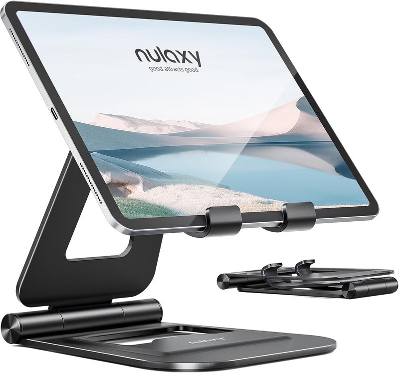 nulaxy Aluminum Dual Foldable iPad Stand, Fully Adjustable Desktop Tablet Holder, Tablet Accessories for Office Kindle Compatible with Mobile Devices iPad Pro/Air/Mini, iPhone Pro/Max/Plus, Black - Image 1
