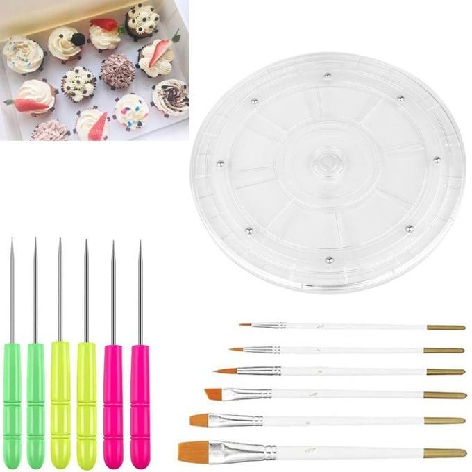 COOKIE DECORATING KIT SUPPLIES 8 INCH INCLUDING 1 ACRYLIC TURNTABLE 6 DECORATION BRUSHES 6 SCRIBE NEEDLE ROYAL ICING TOOLS COOKIE TURNTABLE DECORATING