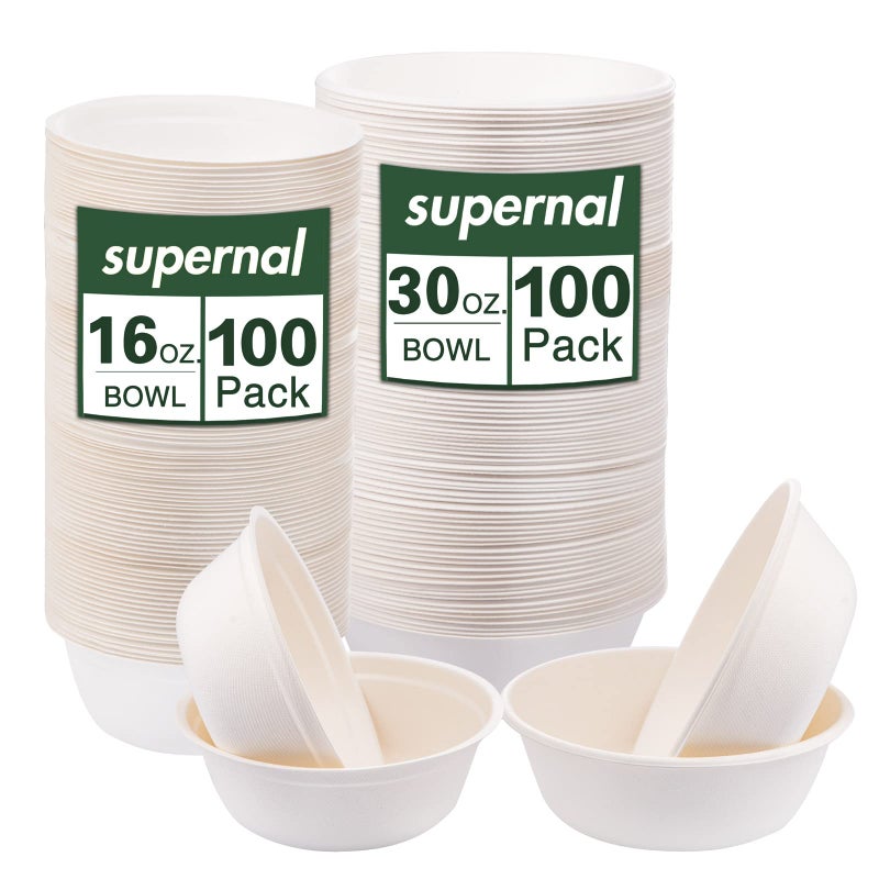 supernal 200pcs Disposable Soup Bowls Paper Bowls Disposable EcoFriendly Bagasse Soup Bowls Biodegradable Paper Bowls100 Compostable Bowls Include 16oz100pcs30oz100pcs HeavyDuty