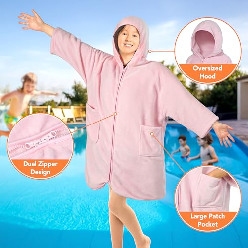 Suncube SUN CUBE Hooded Towel Robe for Kids, Zip Up Swim Parka Beach Cover Up for Girls, Surf Poncho for Girls Warm Changing Bath Towel for Pool with Zipper Hood 7-10, Pink - Image 3