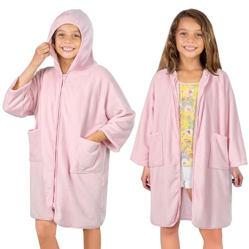 Suncube SUN CUBE Hooded Towel Robe for Kids, Zip Up Swim Parka Beach Cover Up for Girls, Surf Poncho for Girls Warm Changing Bath Towel for Pool with Zipper Hood 7-10, Pink - Image 1