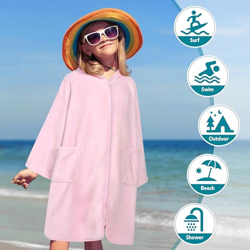 Suncube SUN CUBE Hooded Towel Robe for Kids, Zip Up Swim Parka Beach Cover Up for Girls, Surf Poncho for Girls Warm Changing Bath Towel for Pool with Zipper Hood 7-10, Pink - Image 5