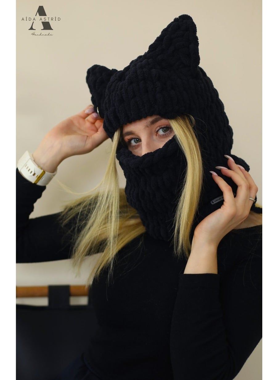 Nikadu - Snow Mask Animal Figure Hat Black Hat with Cat Ears Puffy Beanie Ski & Snowboard Balaclava - Image 1