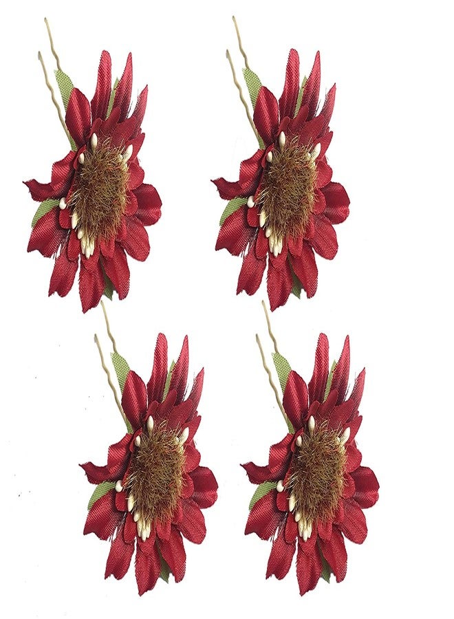VinshBond Set of 4 Red Flower Juda Pin | Hair U Pin for Bun Flower Hair Accessories - Image 1