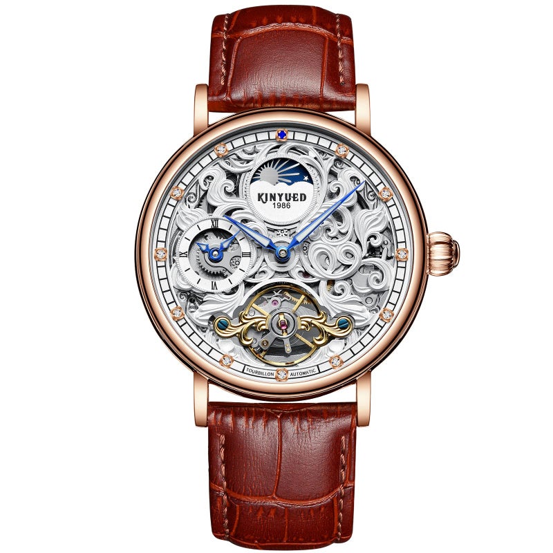 IK COLOURING Mens Mechanical Watches, Luxury Automatic Skeleton Tourbillon Watch Waterproof Crystal Luminous Self-Winding Wrist Watch for Men (Brown Leather) - Image 1
