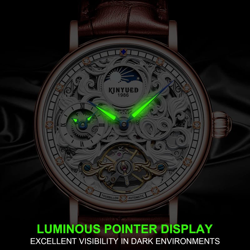 IK COLOURING Mens Mechanical Watches, Luxury Automatic Skeleton Tourbillon Watch Waterproof Crystal Luminous Self-Winding Wrist Watch for Men (Brown Leather) - Image 3