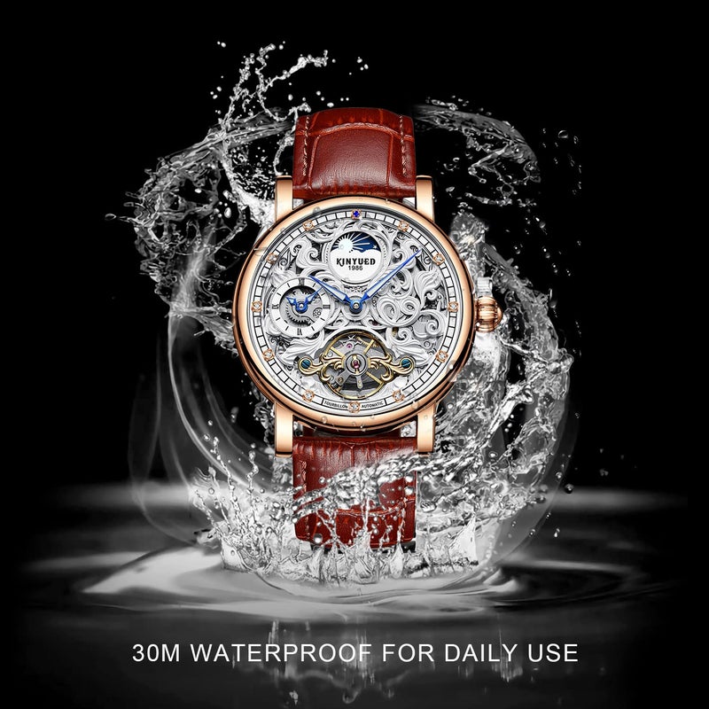 IK COLOURING Mens Mechanical Watches, Luxury Automatic Skeleton Tourbillon Watch Waterproof Crystal Luminous Self-Winding Wrist Watch for Men (Brown Leather) - Image 5