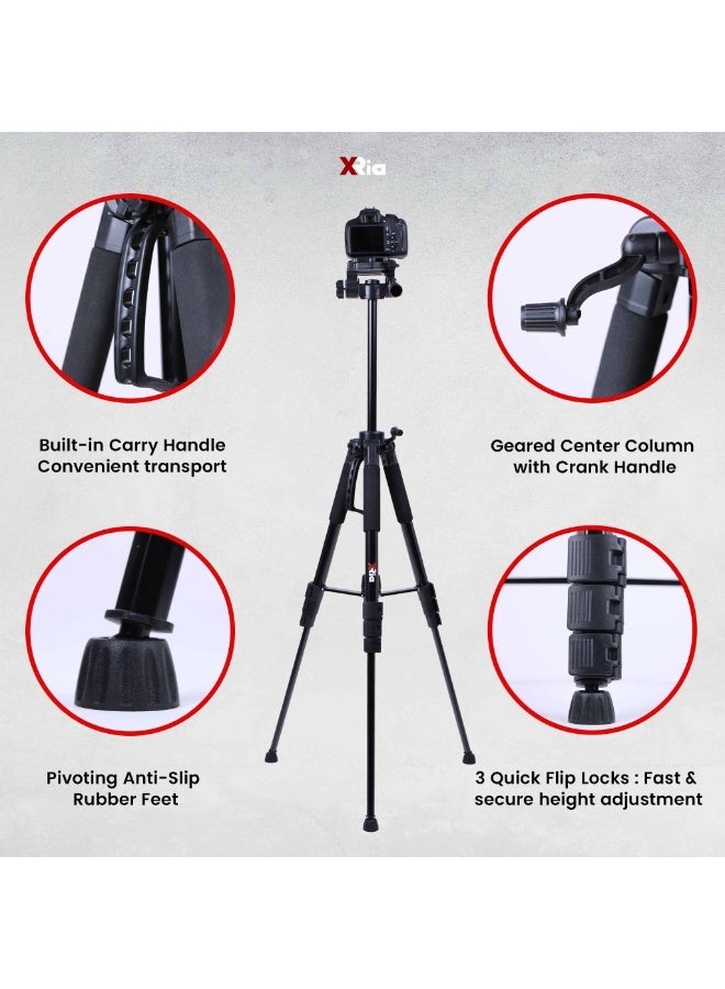XRIA 168cm Professional Camera Tripod Stand for DSLR, Mirrorless Camera & Mobile Phone, Lightweight Aluminum Travel Tripod with 360° Pan Head, Quick Release Plate & Carry Bag - Image 3