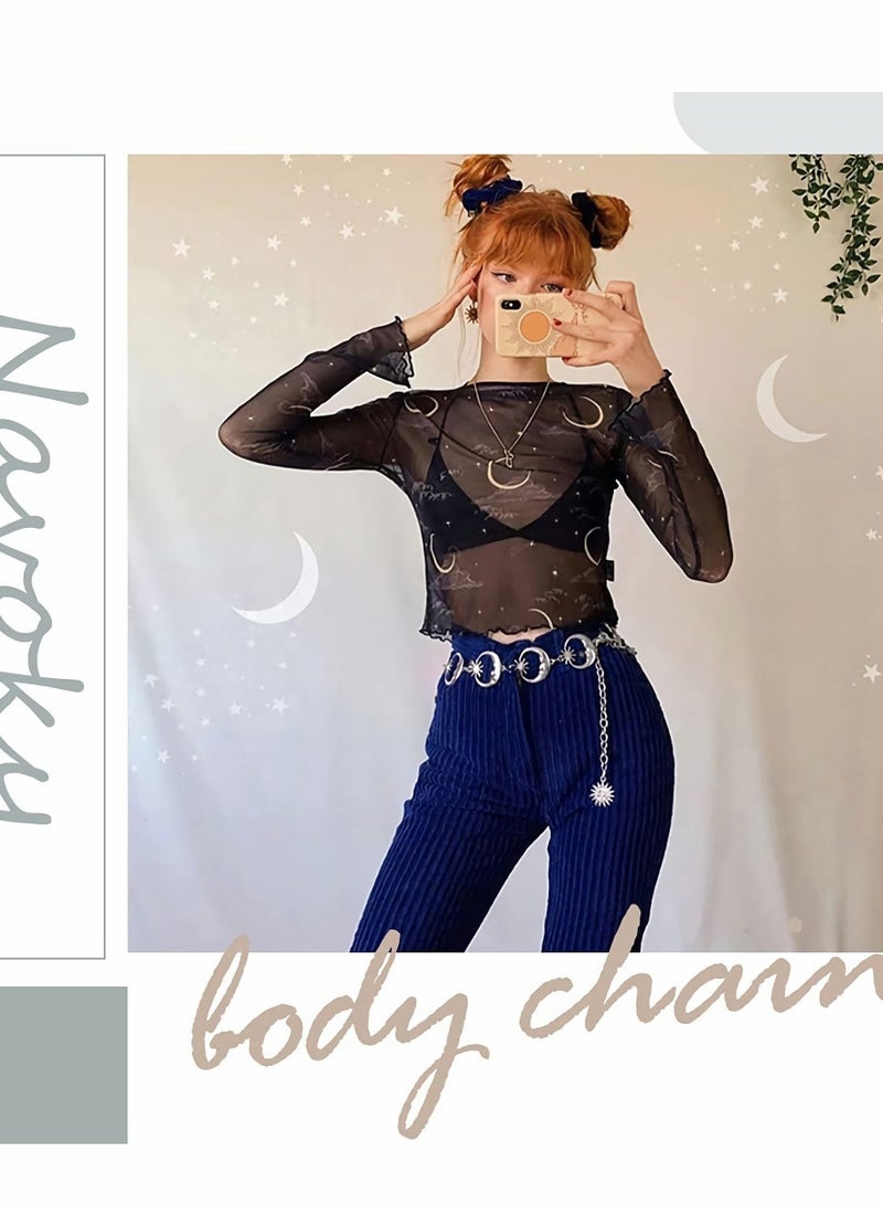 Lady Waist Chain with Moons and Stars Dress Trousers Hollow Chain Jewelry Adjustable Tight Body Chains for Party Wedding Work Travel Party Sandy Beach Nice Birthday Holiday Gift (Silver) - Image 4