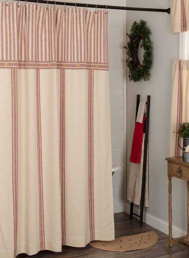Piper Classics Market Place Red Grain Sack Stripe Shower Curtain, 72" x 72", w/Ticking Stripe Accent and Button Details, Farmhouse Style Bathroom - Image 1